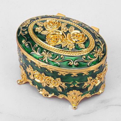 8,9 x 5,9 cm Gold Grün Rose Emaille Oval Metall Schmuck Aufbewahrungsbox mit Zinklegierung Material