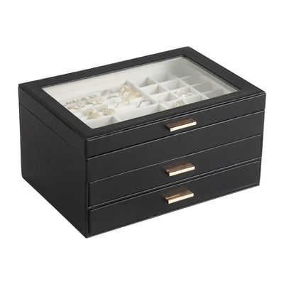 Black PU Leather Jewelry Box with Glass Lid and Magnetic Closure - 3 Layer Large Desktop Storage Organizer with Removable Dividers