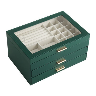 Green PU Leather 3 Layer Jewelry Box with Glass Lid for Large Desktop Storage