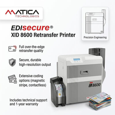 Matica XID8600 Retransfer Card Printer with 600dpi Print Resolution for Durable PC/ABS Cards and 1000 Image Ribbon Capacity